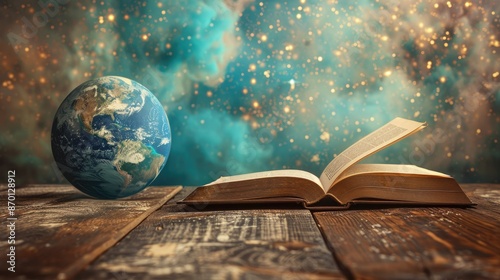 Open Book and Planet Earth on Wooden Table with Starry Cosmic Background © kvladimirv