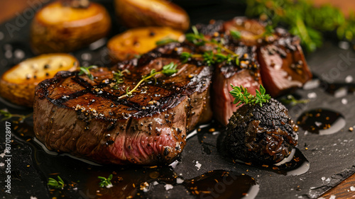 Chateaubriand steak with foie grass and truffle, French dish photo