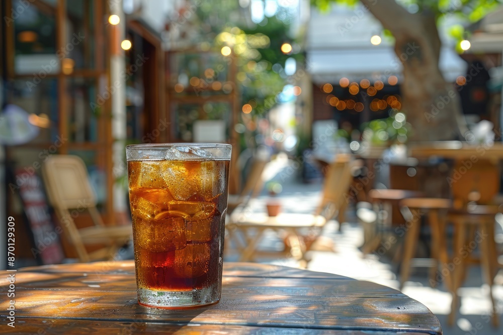 Chilled Iced Coffee in a Sunny Outdoor Cafe with Blurred Background and Bokeh Lights
