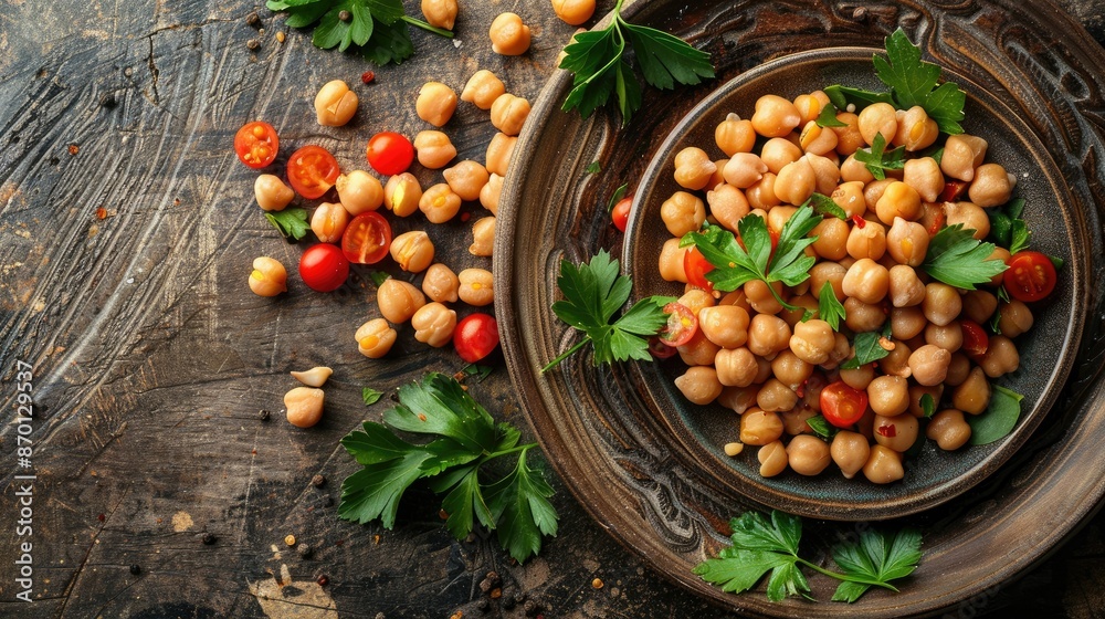 Healthy Chickpea Salad with Fresh Parsley and Cherry Tomatoes on Rustic Wooden Table