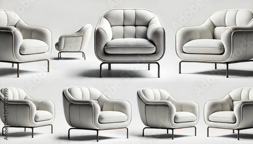 Chair on a white backgound, soft shadows, fabric cream texture, modern feel 