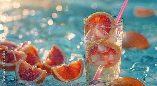 Refreshing Grapefruit Drink With Ice on a Sunny Day