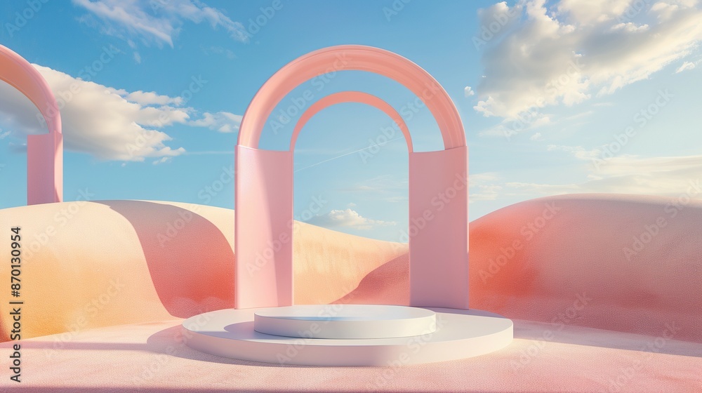 Abstract Pastel Landscape with Arches and Product Podium: 3D Render Abstract Pastel Landscape with Arches and Product Podium: 3D Render
