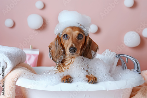 Dachshund dog enjoys a bubble bath at pet spa