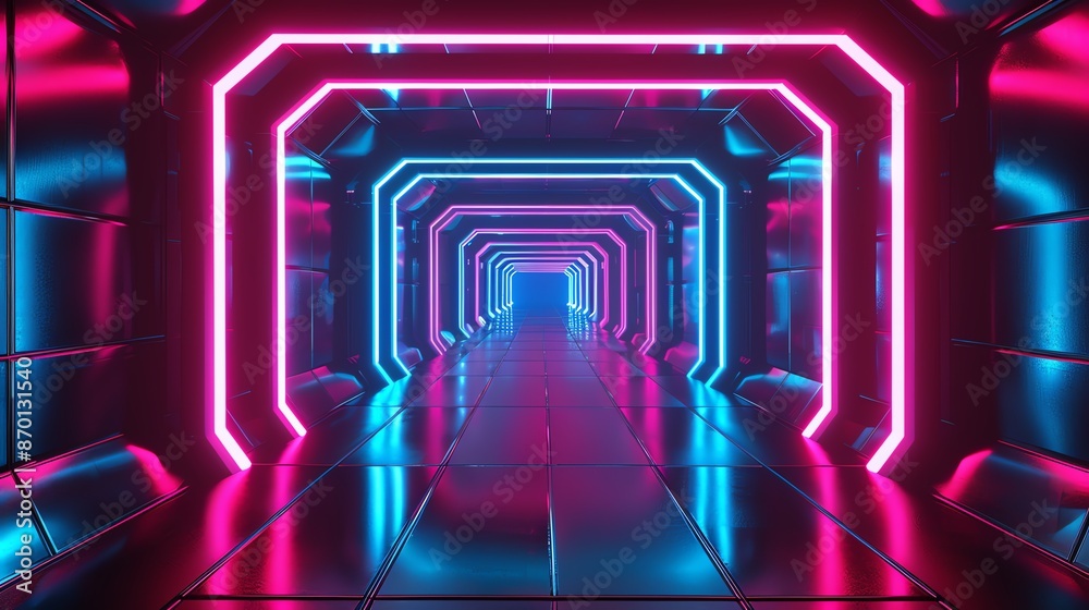 Futuristic neon-lit hallway with vibrant pink and blue lighting, creating a sci-fi atmosphere in a modern, sleek corridor. Futuristic neon-lit hallway with vibrant pink and blue lighting, creating a sci-fi atmosphere in a modern, sleek corridor.