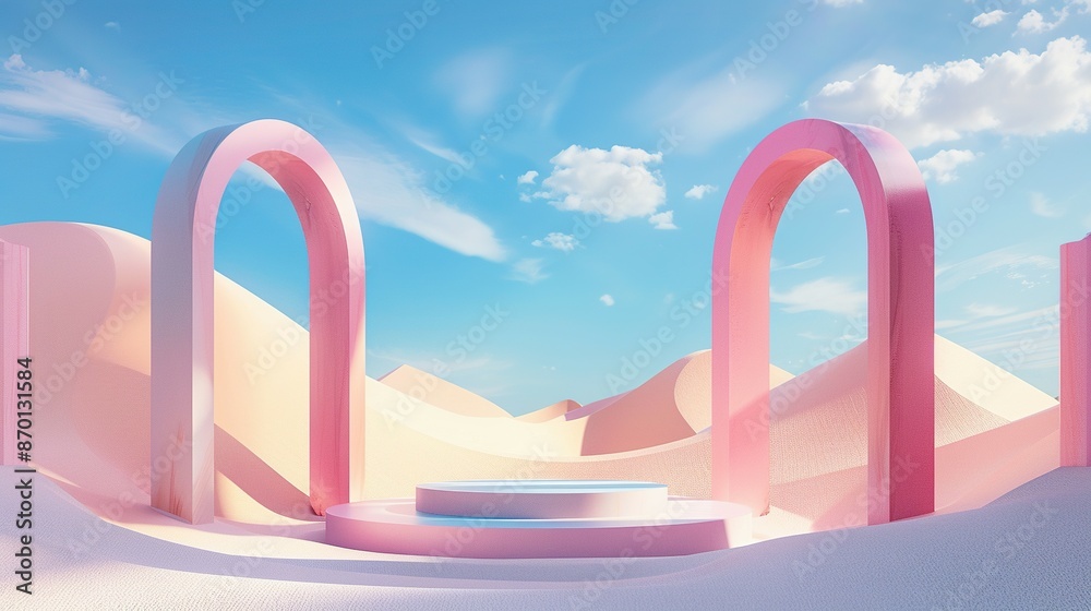 3D Render: Pastel Landscape with Arches and Product Podium in Surreal Style 3D Render: Pastel Landscape with Arches and Product Podium in Surreal Style