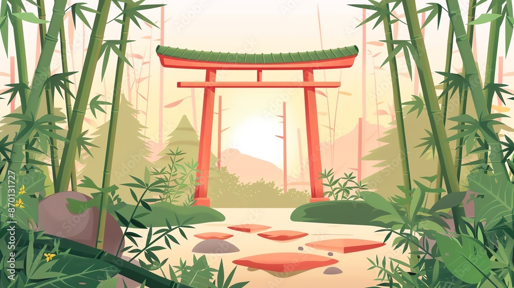 Obraz premium Scenic view of traditional Japanese torii gate amid lush bamboo forest at sunrise, highlighting serene, natural beauty and cultural heritage.