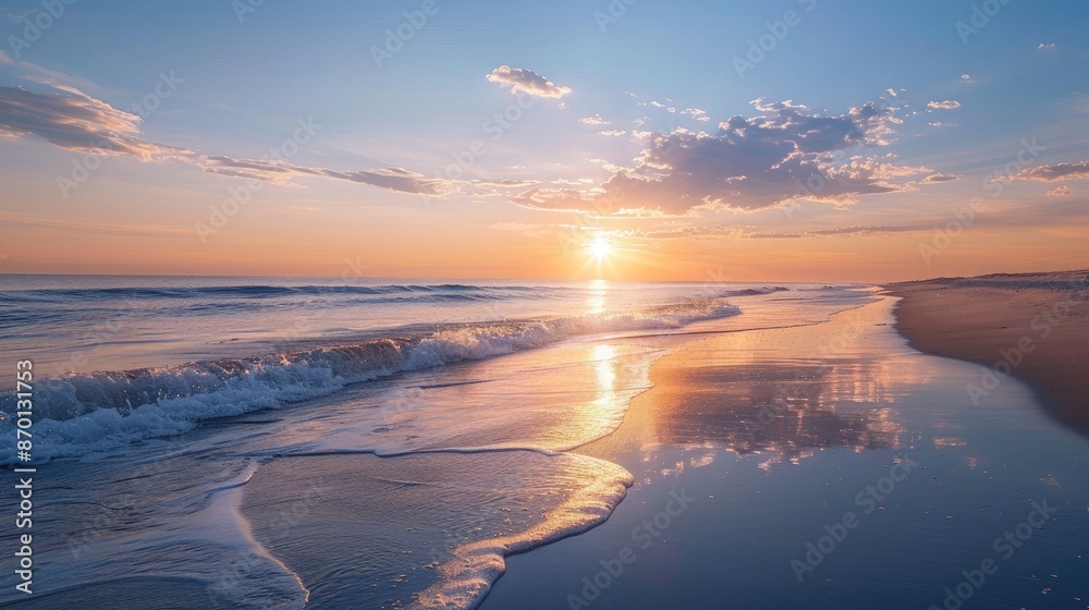 A calm beach at sunset with gentle waves, illustrating the end of a day and reflection. A calm beach at sunset with gentle waves, illustrating the end of a day and reflection.