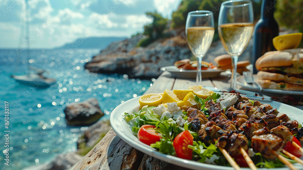 Greek food concept with farmers salad and souvlaki skewers in front of the sparkling, blue Aegean sea during summer time Greek food concept with farmers salad and souvlaki skewers in front of the sparkling, blue Aegean sea during summer time