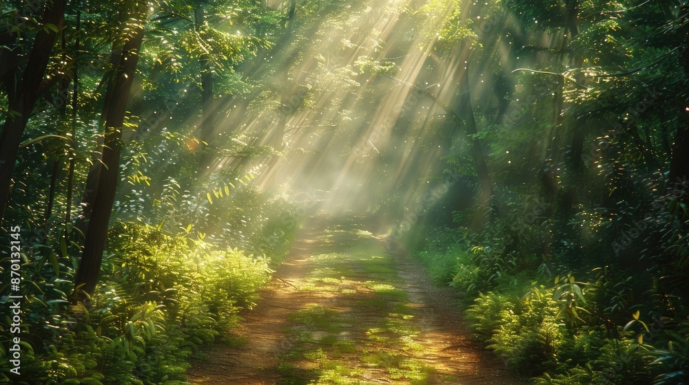 Obraz premium A calm forest path illuminated by soft, dappled sunlight, illustrating the journey towards enlightenment.