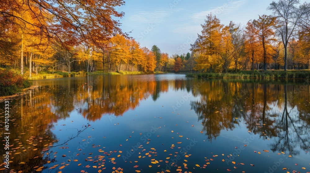 Obraz premium A calm lake surrounded by autumn trees, symbolizing change and the beauty of the seasons.
