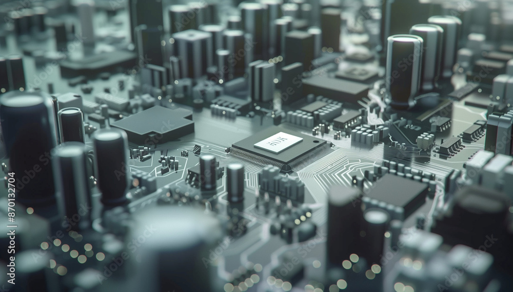 a detailed view of an electronic board with various components such as circuit boards, crystals, and chips a detailed view of an electronic board with various components such as circuit boards, crystals, and chips