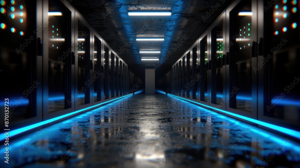 Fototapeta premium Modern Data Center with Server Racks and Blue LED Lighting in a High-Tech Environment