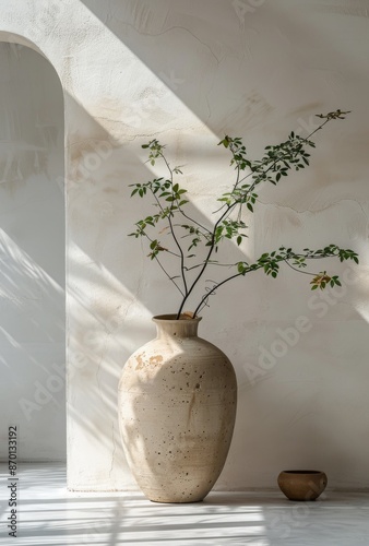 White Vase With Green Plant Branch Arrangement in a Modern Room With Sunlight