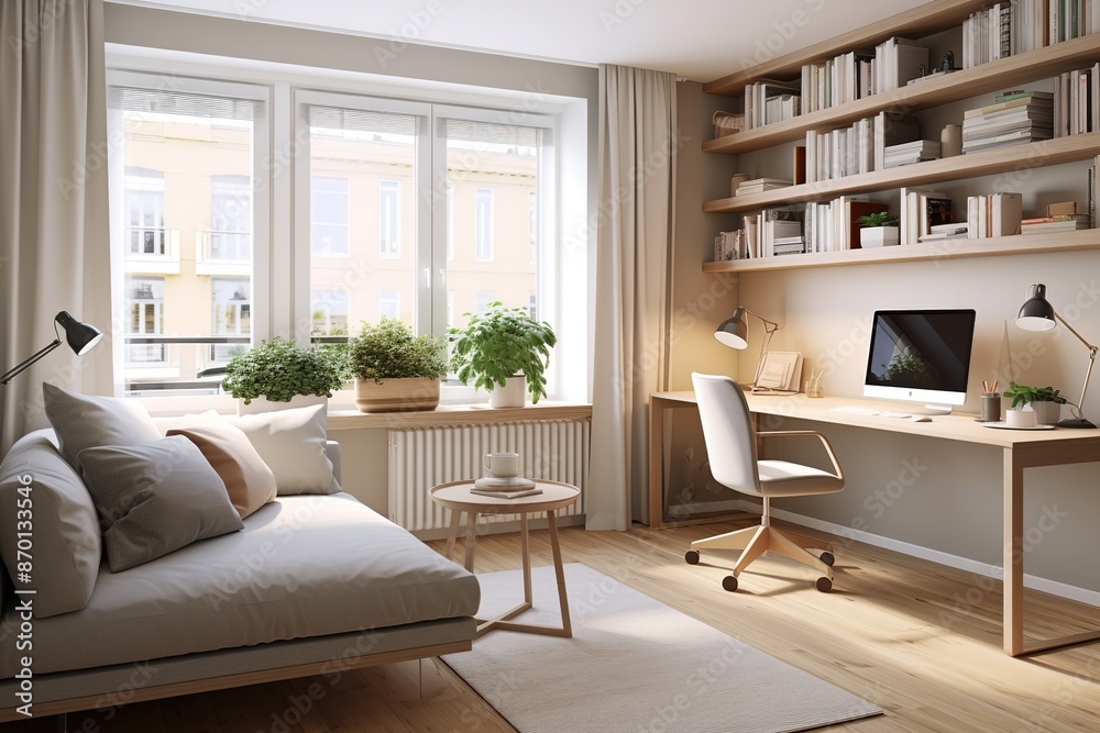 Fototapeta premium Stylish scandinavian living room with design furniture, plants, wooden desk. Brown wooden parquet. Abstract painting on the white wall. Nice apartment. Modern decor of bright room.