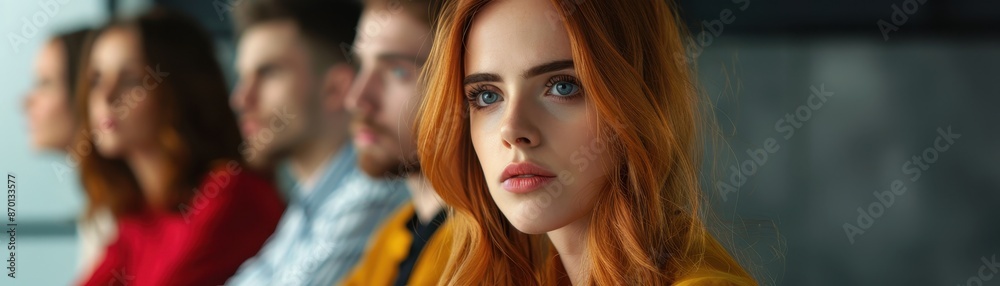 Group of Young Professionals in a Modern Office Setting with Focus on Red-Haired Woman Group of Young Professionals in a Modern Office Setting with Focus on Red-Haired Woman