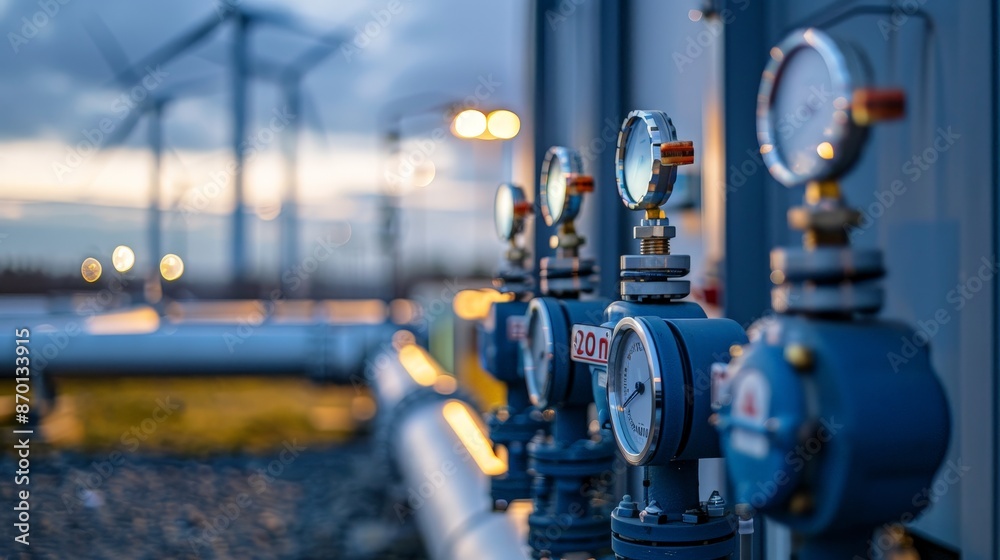 Obraz premium Monitoring Hydrogen Pipeline with Manometer near Wind Turbines - Renewable Energy Storage Concept