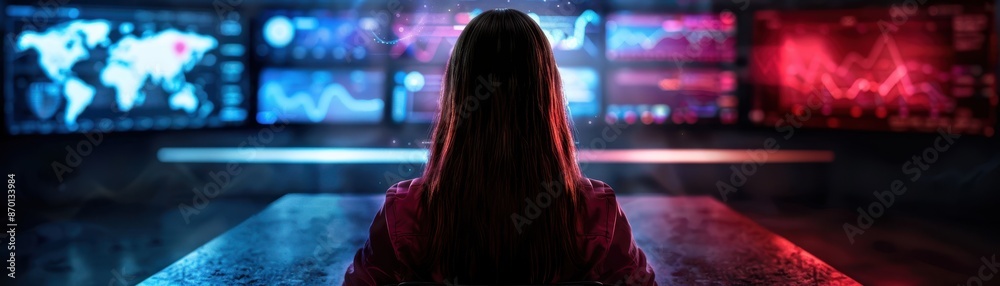 Woman Analyzing Data on Multiple Screens in a High-Tech Control Room with Global Maps and Graphs