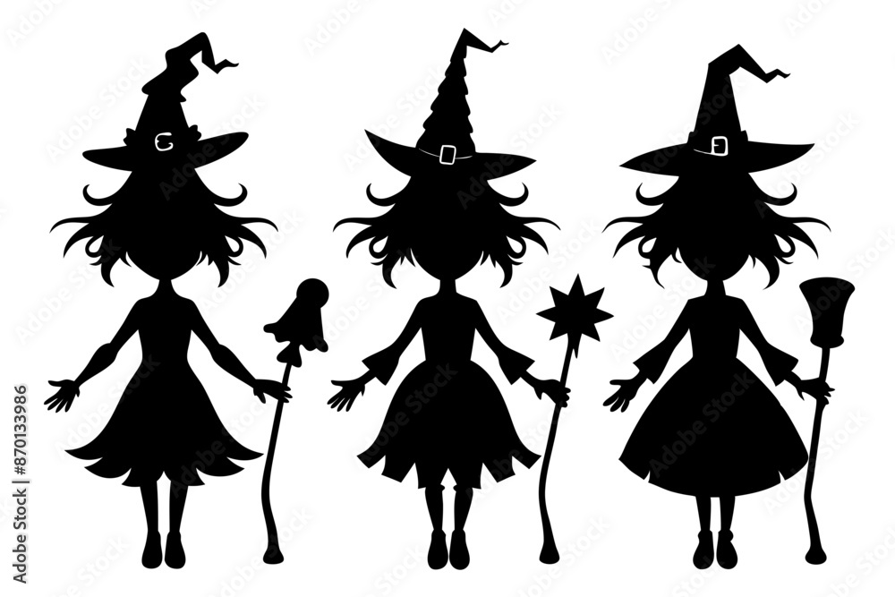 Halloween witch set. Black silhouette Halloween witch vector illustration, set of halloween witches Halloween witch set. Black silhouette Halloween witch vector illustration, set of halloween witches