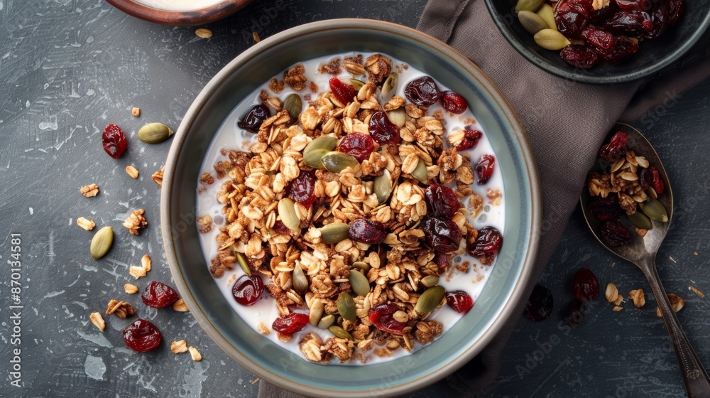 A bowl of maplebuckwheat granola studded with dried cranberries and pumpkin seeds served with a splash of almond milk. A bowl of maplebuckwheat granola studded with dried cranberries and pumpkin seeds served with a splash of almond milk.