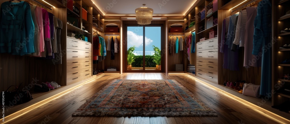 Luxurious Walk-In Closet with Elegant Lighting and Scenic Balcony View Luxurious Walk-In Closet with Elegant Lighting and Scenic Balcony View