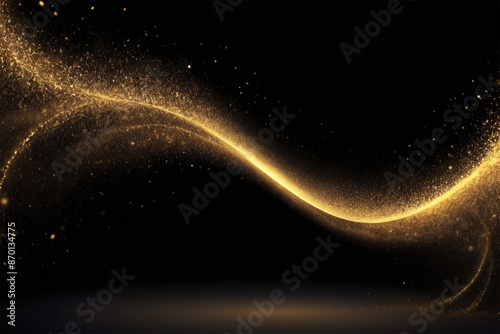 Glittering Golden Particle Wave on Dark Background with Text Space