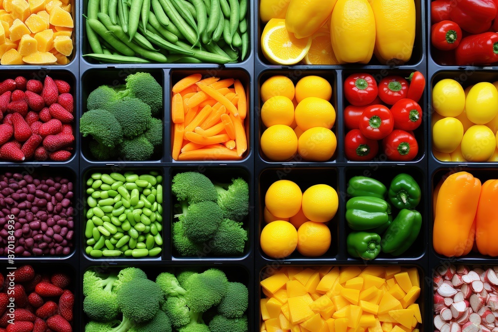 Colorful Vegetables and Fruits in Black Trays