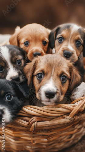 Charming Basket of Mixed Breed Puppies with Curious Faces Peeking Out
