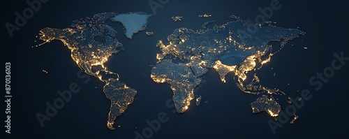 Illuminated world map at night highlighting urban areas and connectivity across continents. Perfect for technology, globalization, and world data themes.