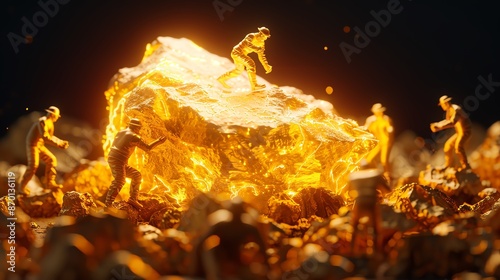 Golden miners busy at work extracting gold from a large golden rock. The shiny glow and miniature figures create a mesmerizing scene.