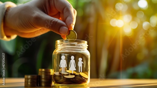 A person placing a coin into a glass jar with a paper cut-out of a family beside it, symbolizing savings for family.