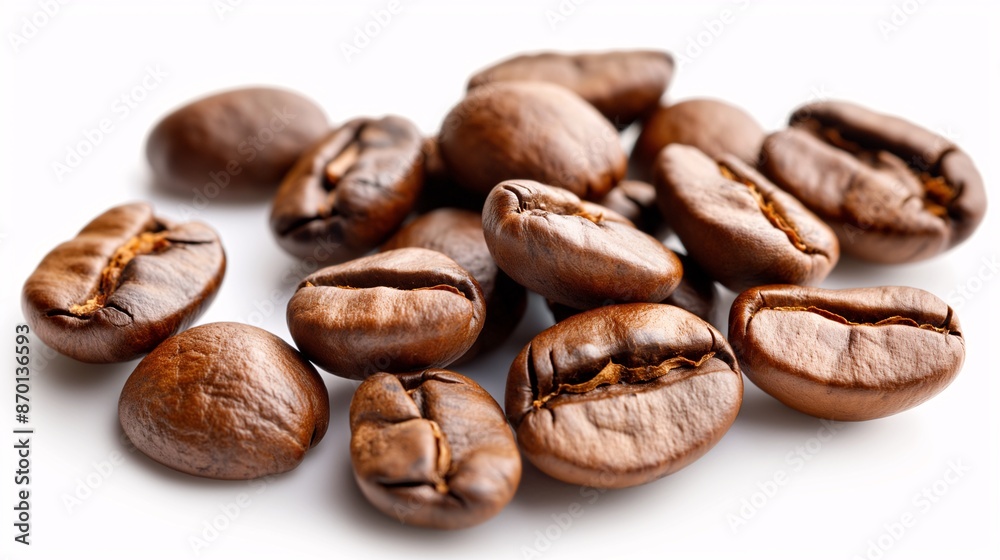 Isolated coffee beans scattered on a white background. Isolated coffee beans scattered on a white background.