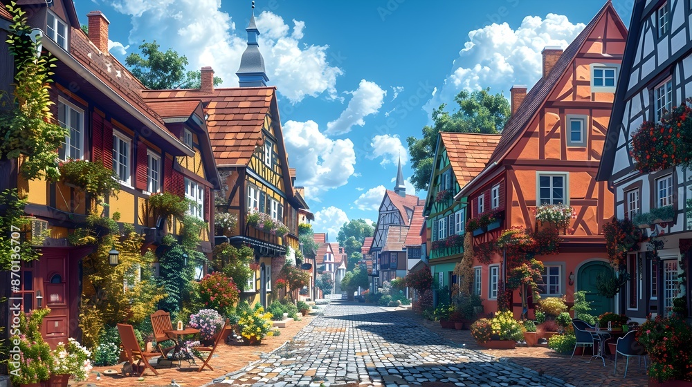 Charming Storybook European Village with Cobblestone Streets and Quaint Cafes