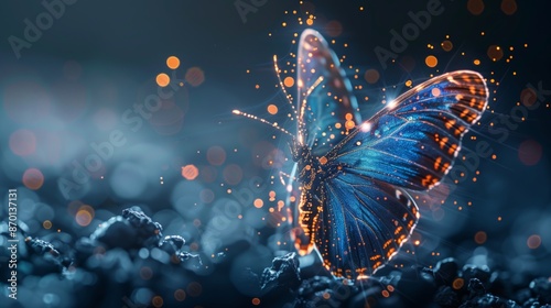 Luminescent blue butterfly formed digital sparks innovation tech metamorphosis future evolution change transformation gradient colors technology