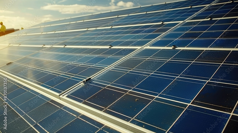 A close-up of a solar panel installation with engineers adjusting the panels for maximum efficiency. A close-up of a solar panel installation with engineers adjusting the panels for maximum efficiency.