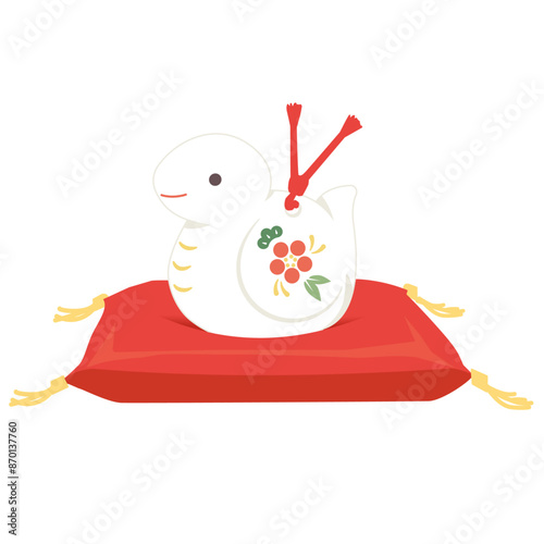 赤座布団に巳の置物（白）のイラスト