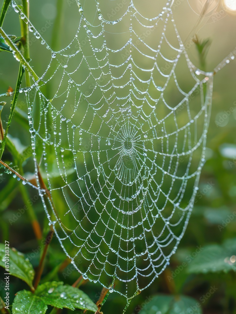 Naklejka premium Dew-Covered Spiderweb in Green Foliage.