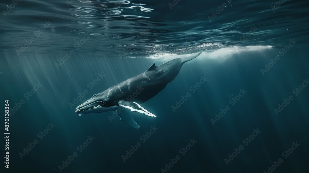 Obraz premium In the depths of the sea, silence reigns supreme, broken only by the gentle whispers of the currents and the occasional song of a distant whale.