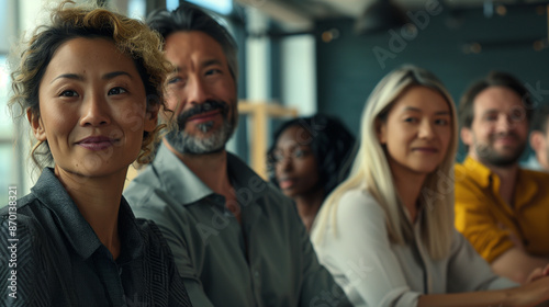 Diverse group of professionals smiling in an office.