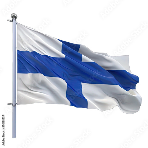 Close. Up View of Finland National Flag, 3d Illustration, Blue Cross on White Field, , Independence. Isolated on a Transparent Background. Cutout PNG.