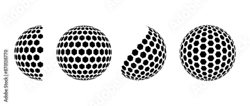 Black halftone pattern sphere set. Hexagon wireframe 3d circle collection. Grid globe element bundle. Round shape pack for tech poster, banner, cover, emblem. Vector illustration