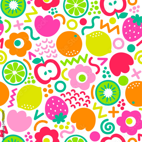 Colorful cute hand drawn mixed fruits, flowers and lines seamless pattern background.