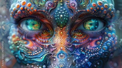 Vibrant Abstract Digital Art of a Futuristic Face with Intricate Patterns and Vivid Colors photo