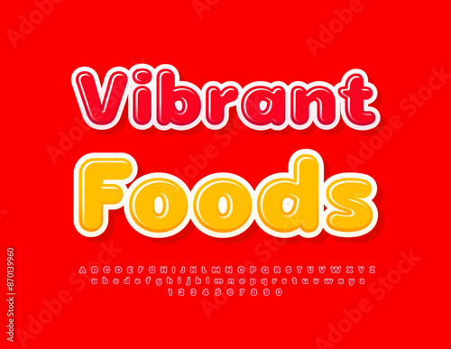 Vector advertising poster Vibrant Foods. Glossy Red Font. Creative Alphabet Letters and Numbers set © Popskraft