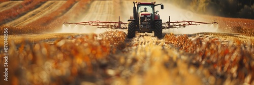A tractor is spraying a field of corn. The tractor is red and has a large sprayer on the front. The field is covered in yellow corn stalks