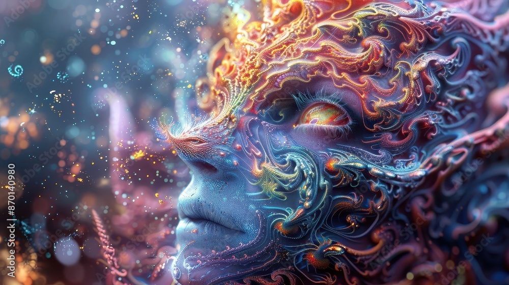 Surreal Digital Art of a Human Face with Intricate Colorful Patterns and Abstract Elements