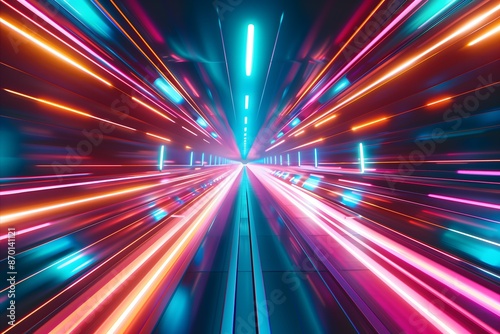 A colorful, neon lighted tunnel with a bright blue stripe. The tunnel is filled with bright lights and the blue stripe is the only color that is not neon © Tirawat