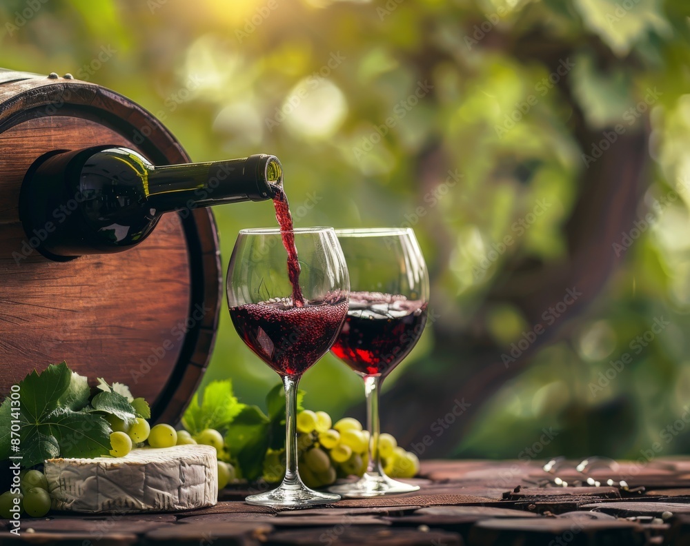 Obraz premium Red wine being poured into glasses next to cheese and grapes outdoors
