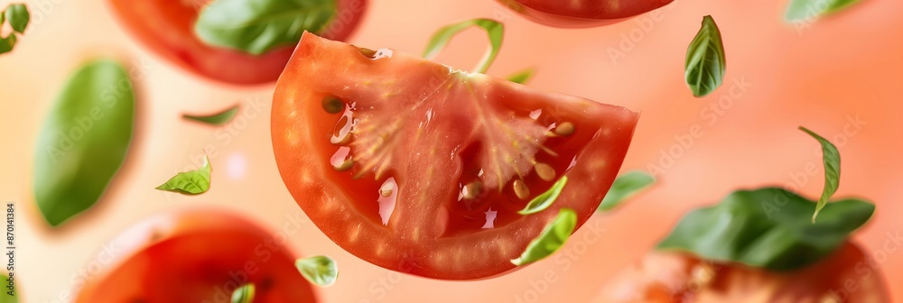 A close up of a tomato with green leaves on top. The tomato is sliced in half and the leaves are scattered around it. Concept of freshness and healthiness, as the tomato