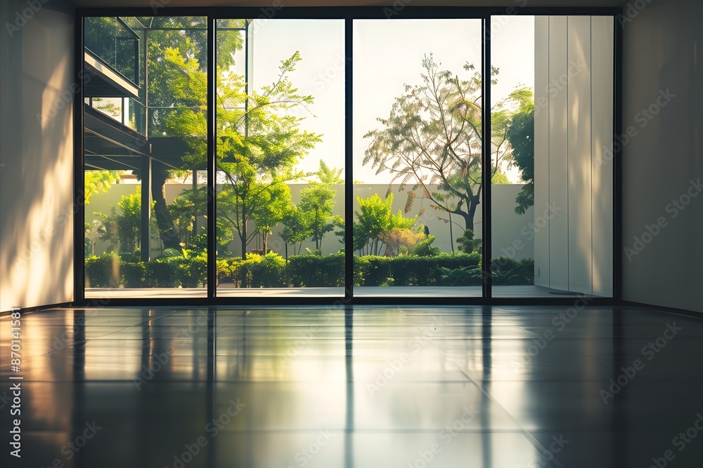 A large open room with a view of a garden. The room is empty and the sunlight is shining through the windows A large open room with a view of a garden. The room is empty and the sunlight is shining through the windows
